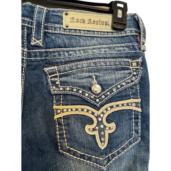 Rock Revival Noelle Capri Women Size 32 Blue Denim Embellished Jeans Stretchy Sl - Picture 3 of 8
